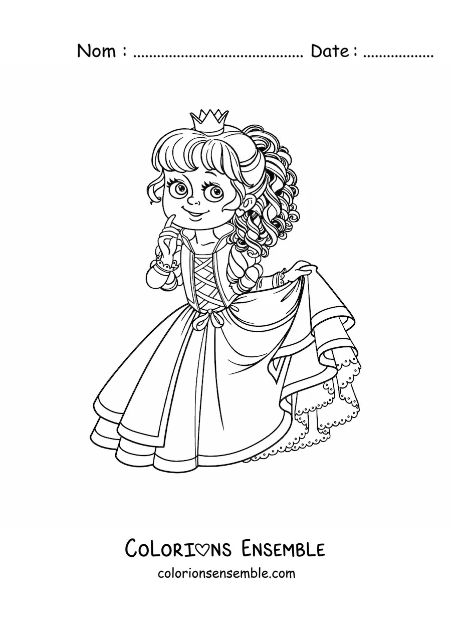 Coloriage d’une princesse kawaii tenant sa robe