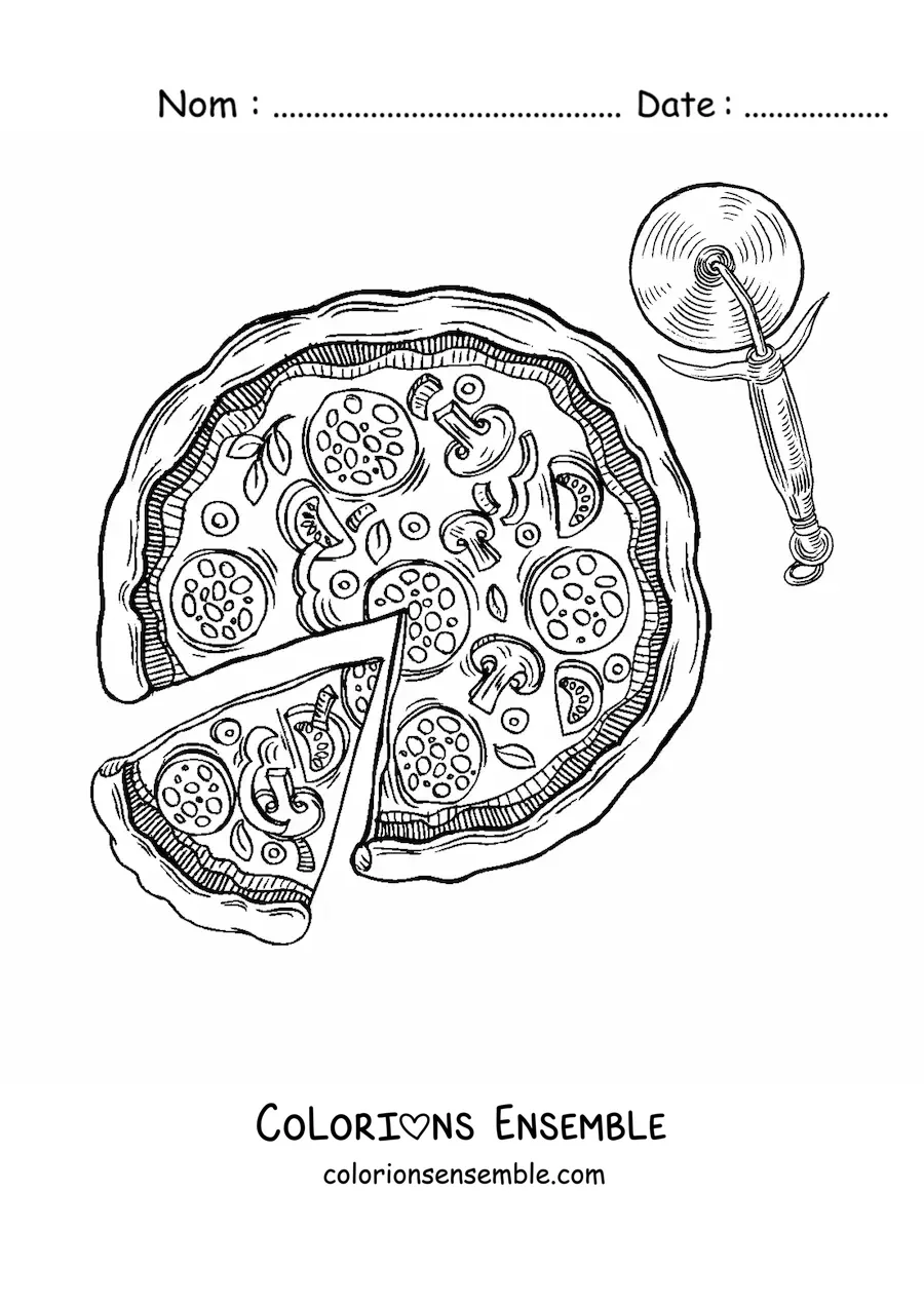 Image à colorier d'une pizza à côté d'une roulette à pizza