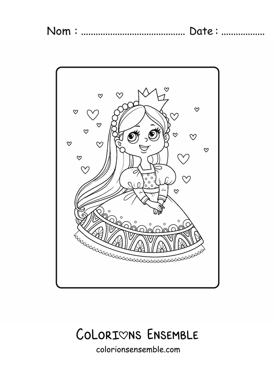 Coloriage d’une princesse kawaii avec des cœurs