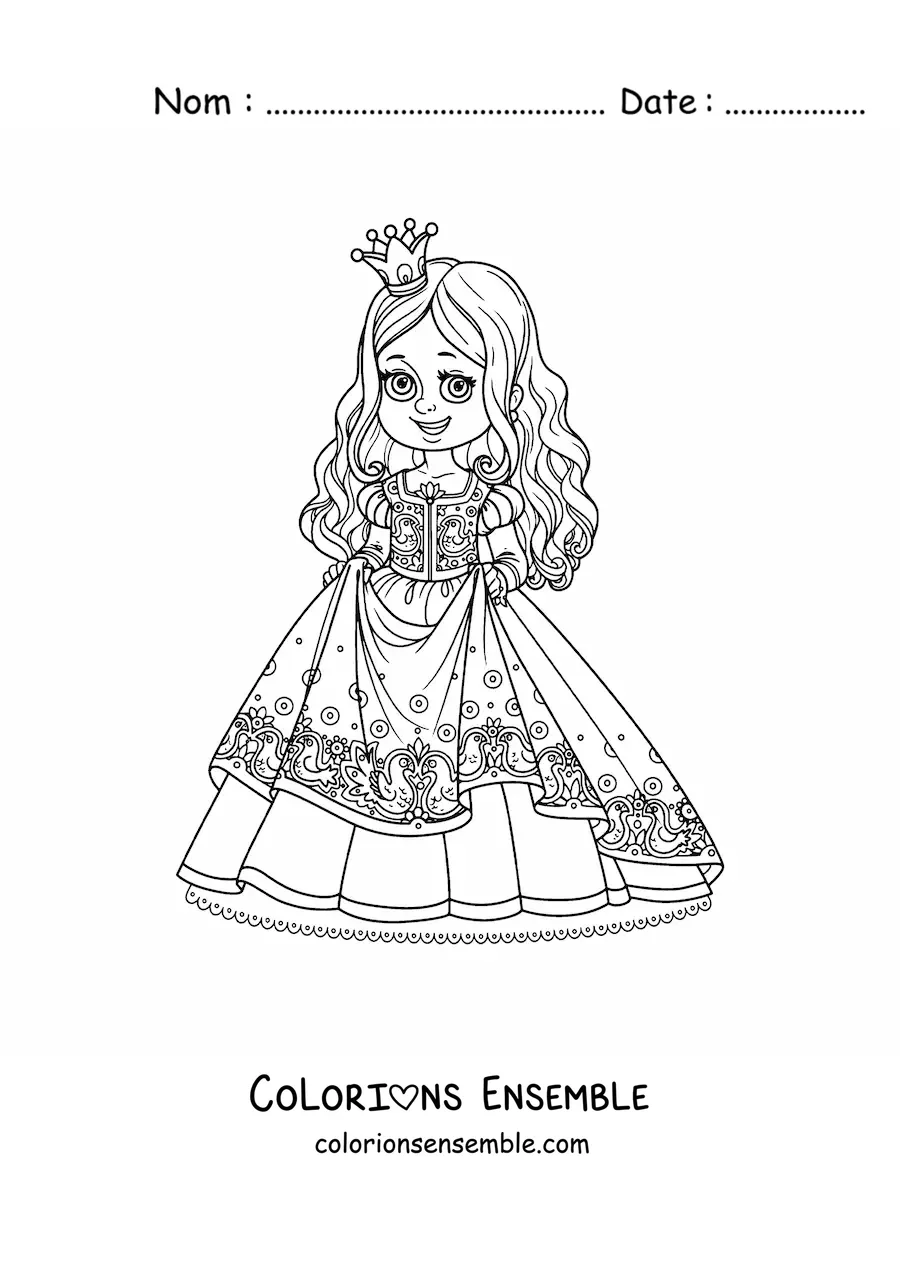 Coloriage d’une princesse kawaii tenant sa belle robe