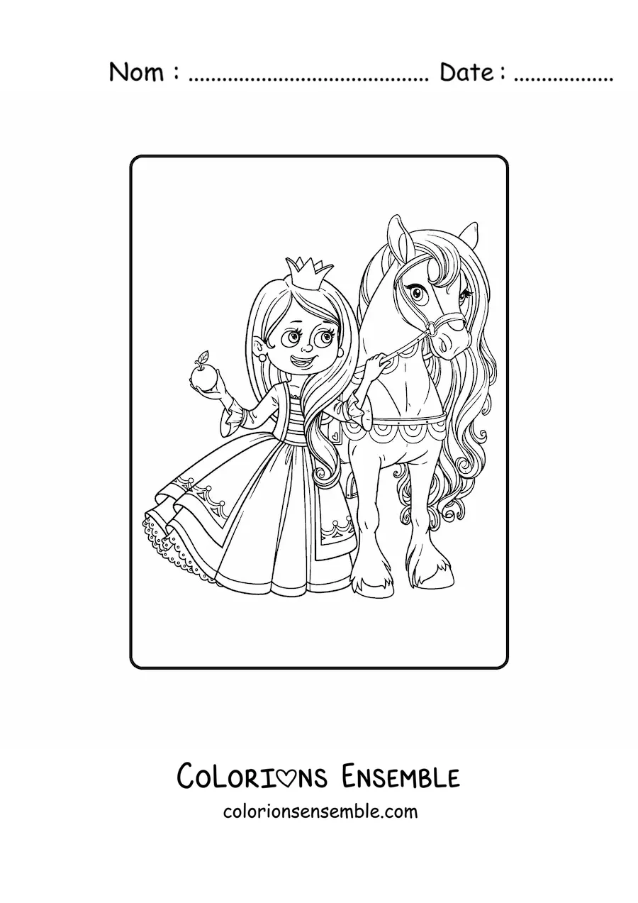 Coloriage d’une princesse kawaii avec une pomme et un poney