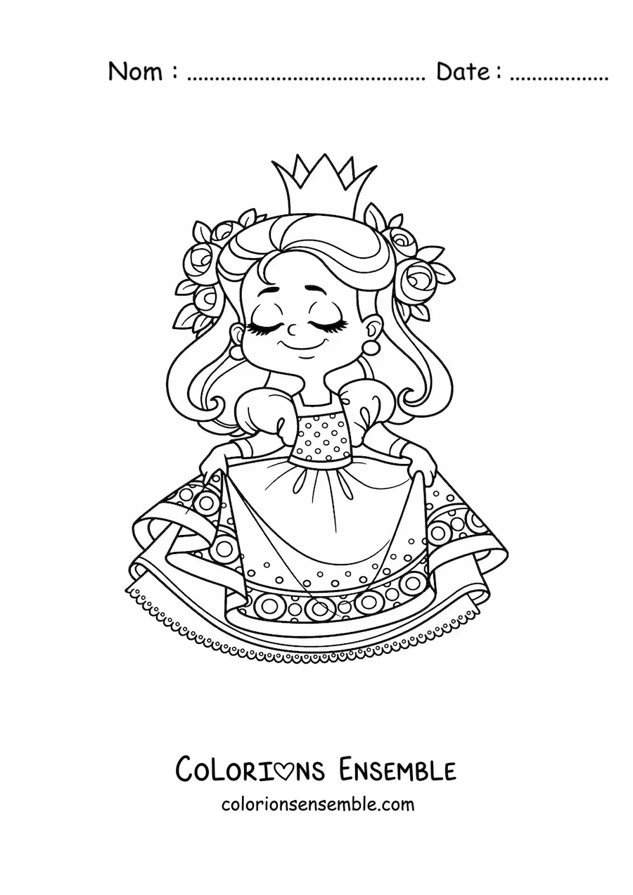 Coloriage d’une princesse kawaii avec des fleurs tenant sa robe