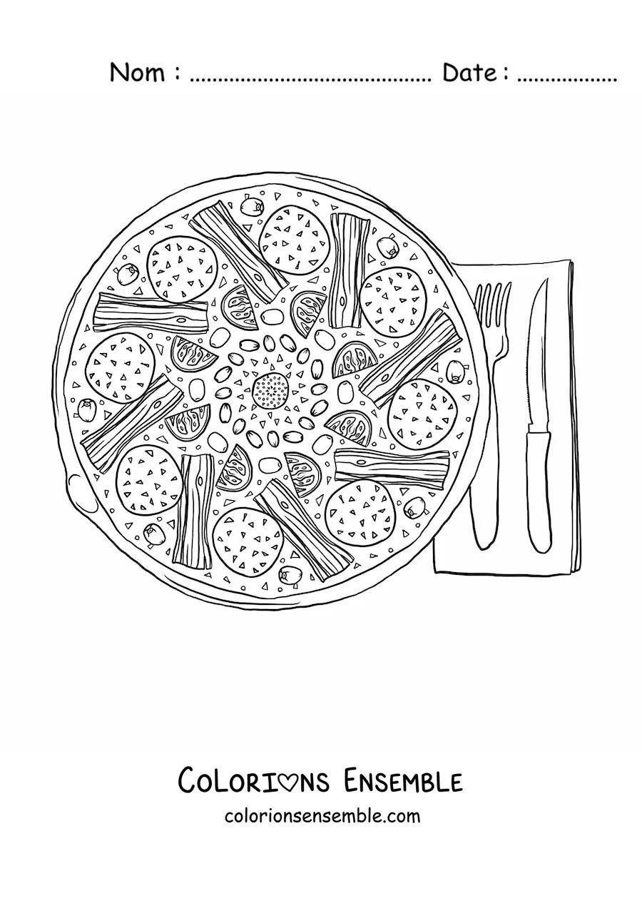 Image à colorier d'une pizza servie à côté de couverts