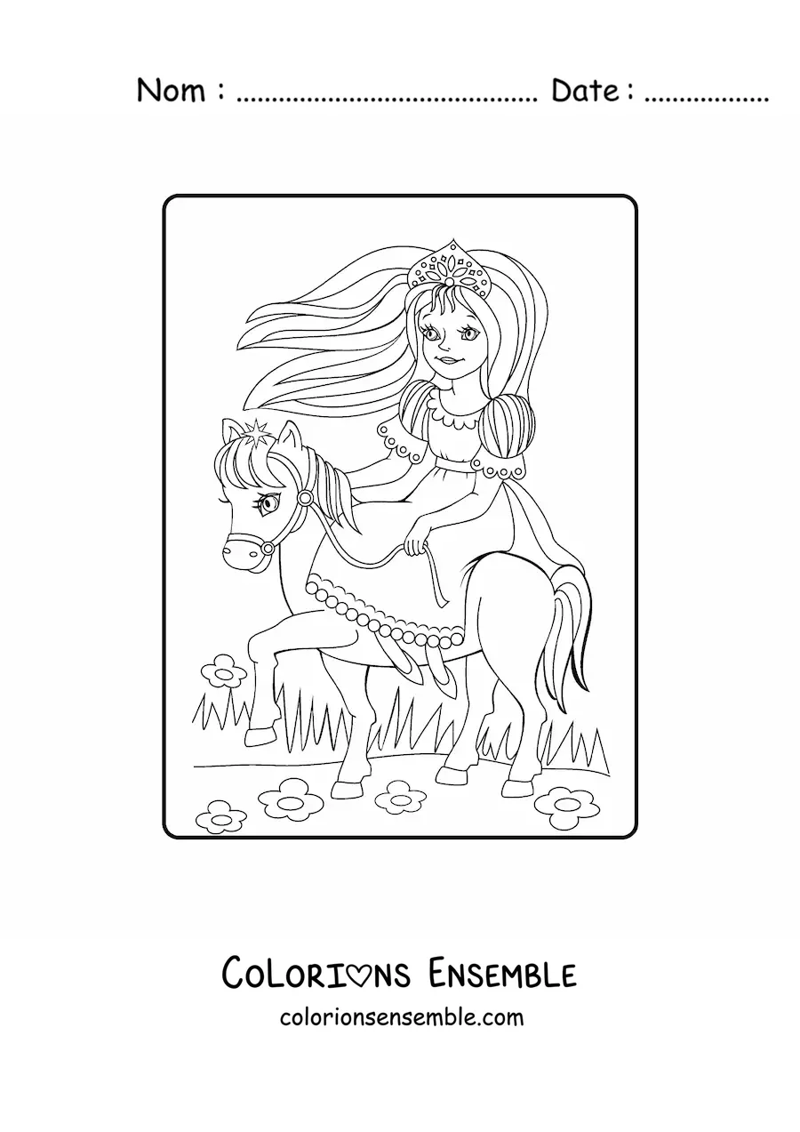 Coloriage d’une princesse animée à cheval