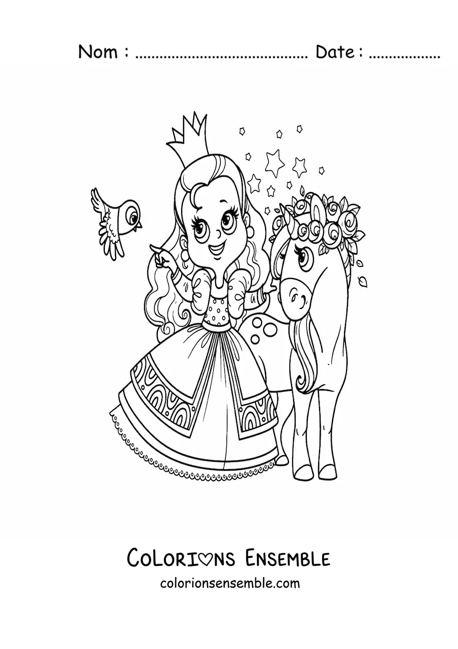 Coloriage d’une princesse kawaii avec une licorne et un oiseau