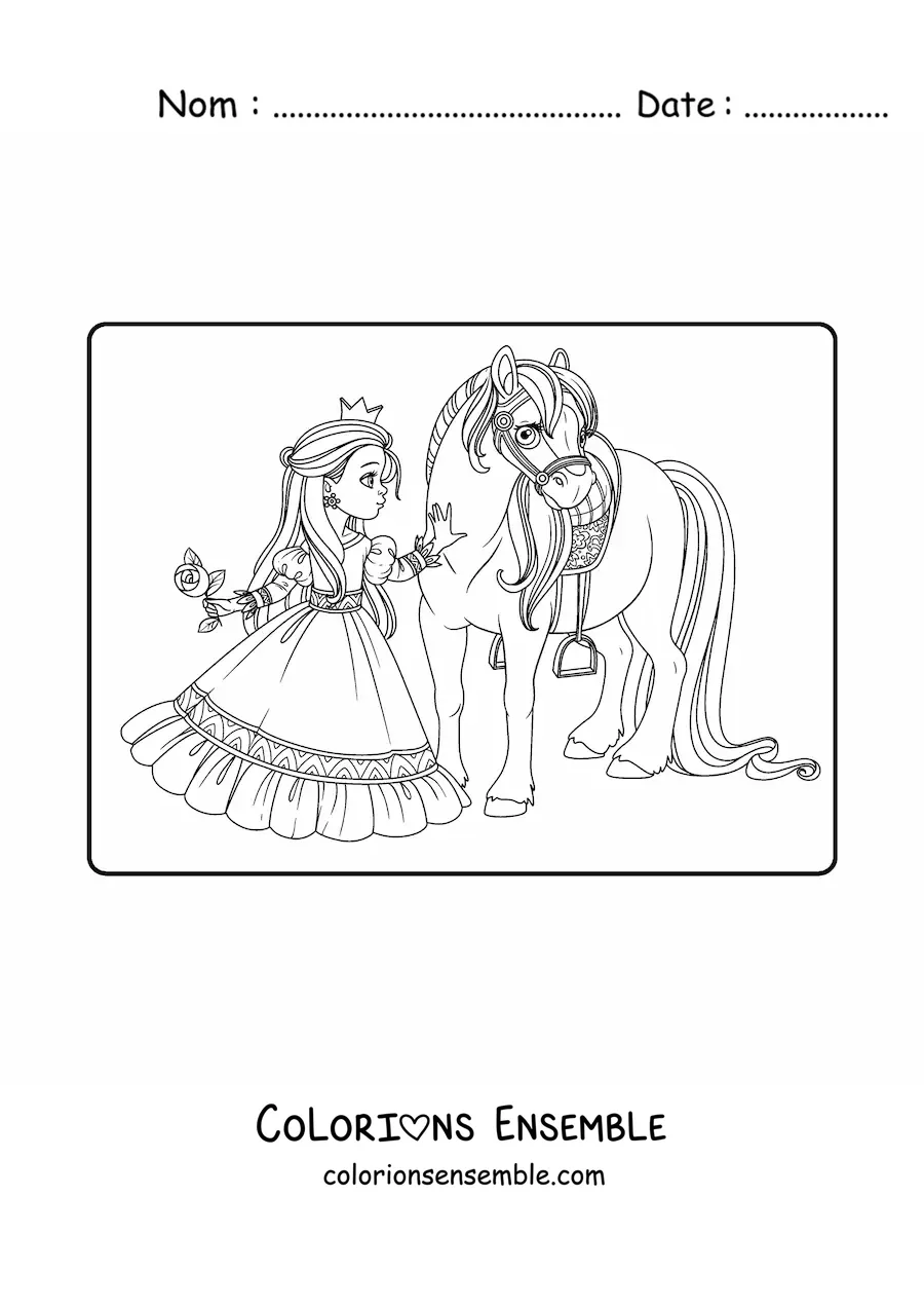 Coloriage d'une princesse avec une rose et un destrier