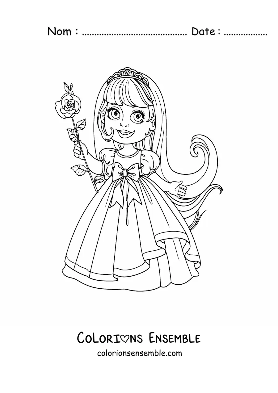 Coloriage d’une petite fille princesse avec une rose