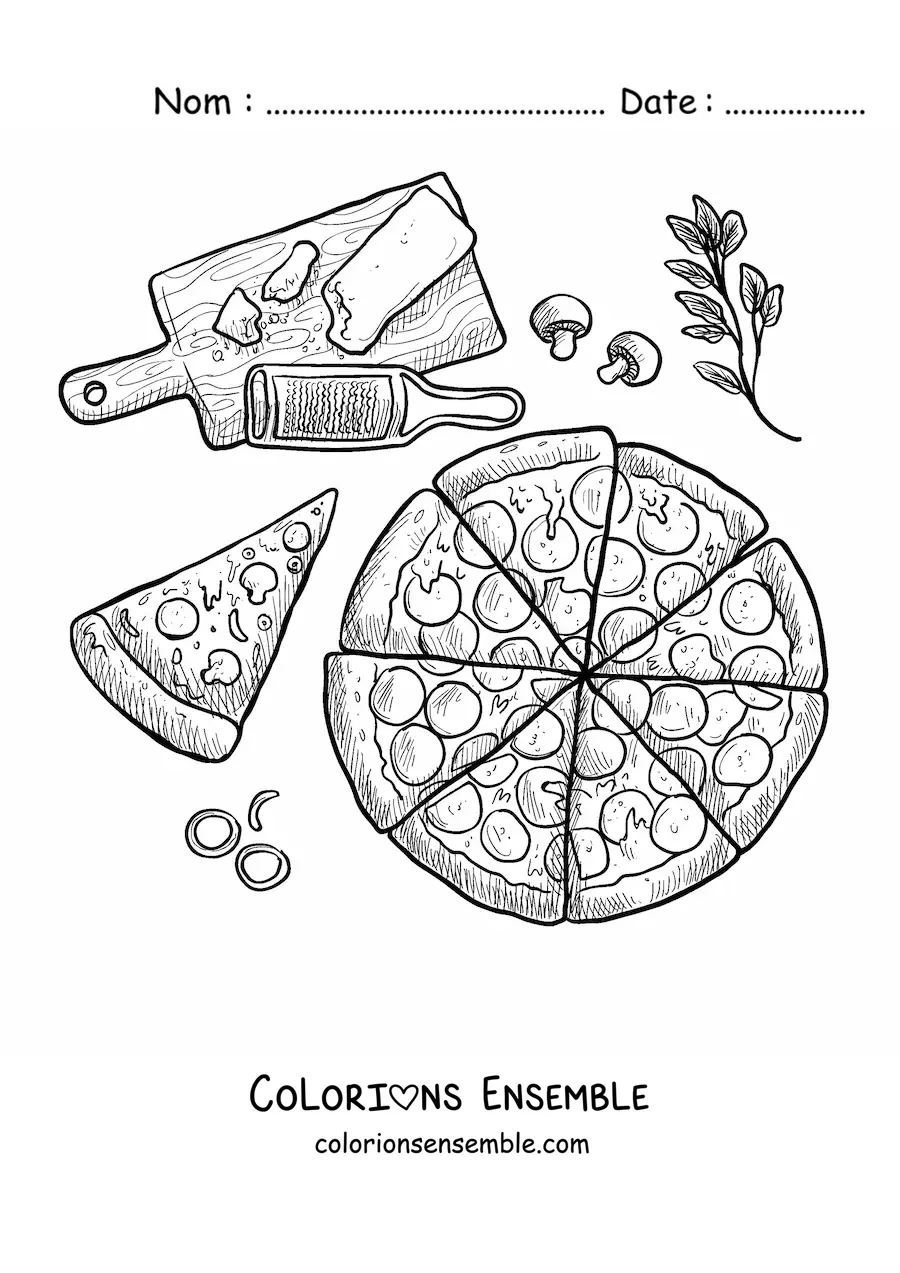 Image à colorier d'une pizza à côté de ses ingrédients