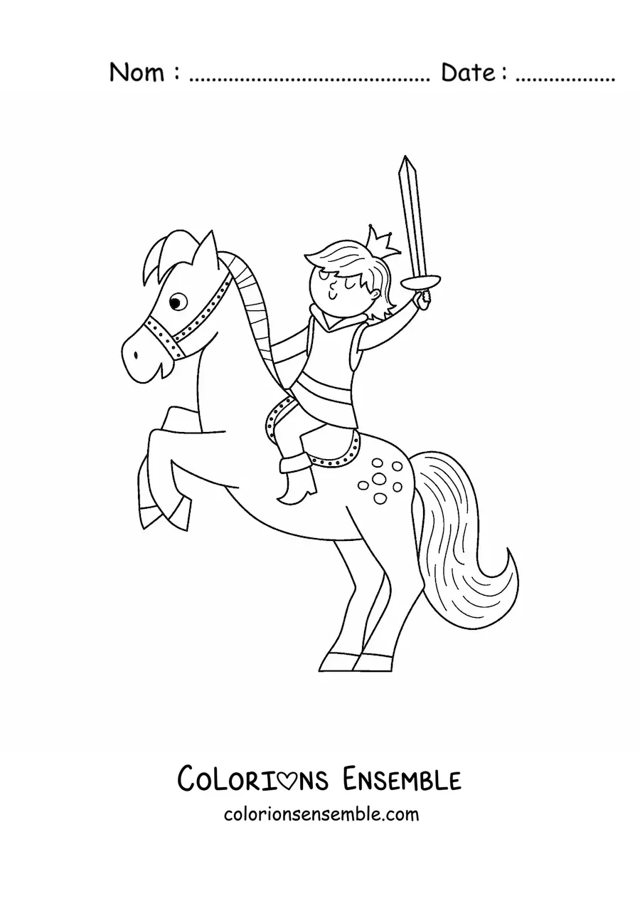 Coloriage d’un prince kawaii à cheval avec une épée