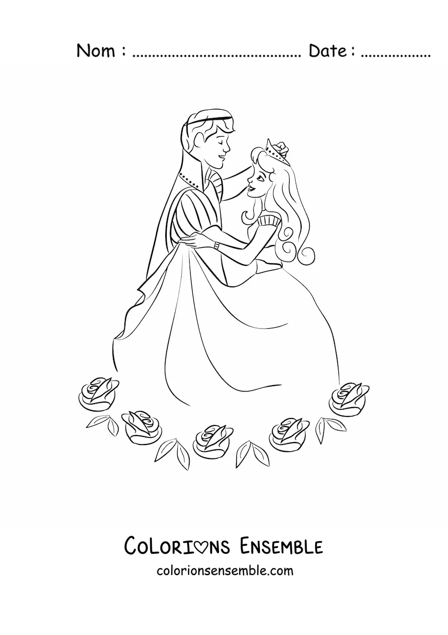 Coloriage d’un jeune prince dansant avec une princesse