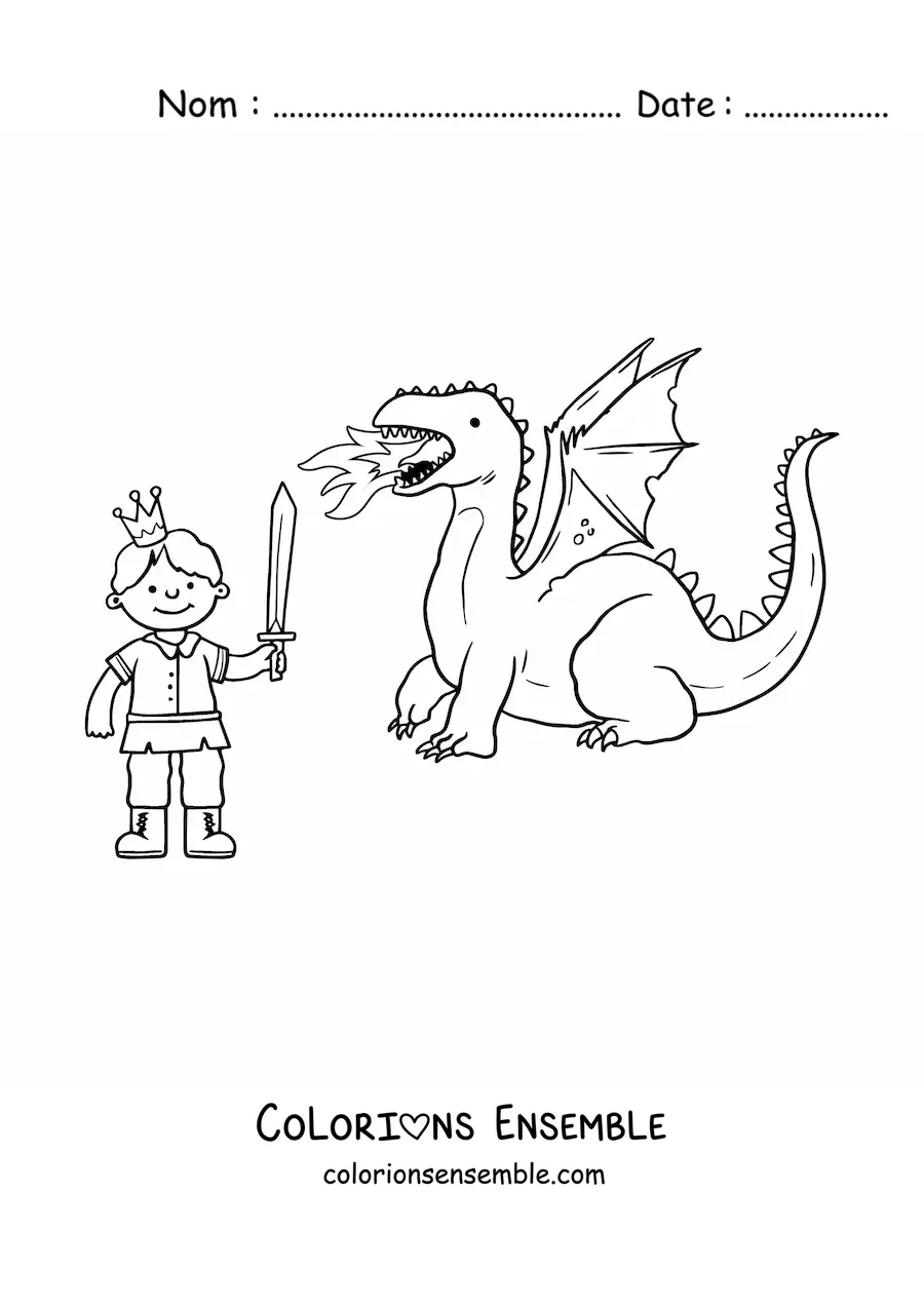Coloriage d’un prince à l’épée vainquant un dragon