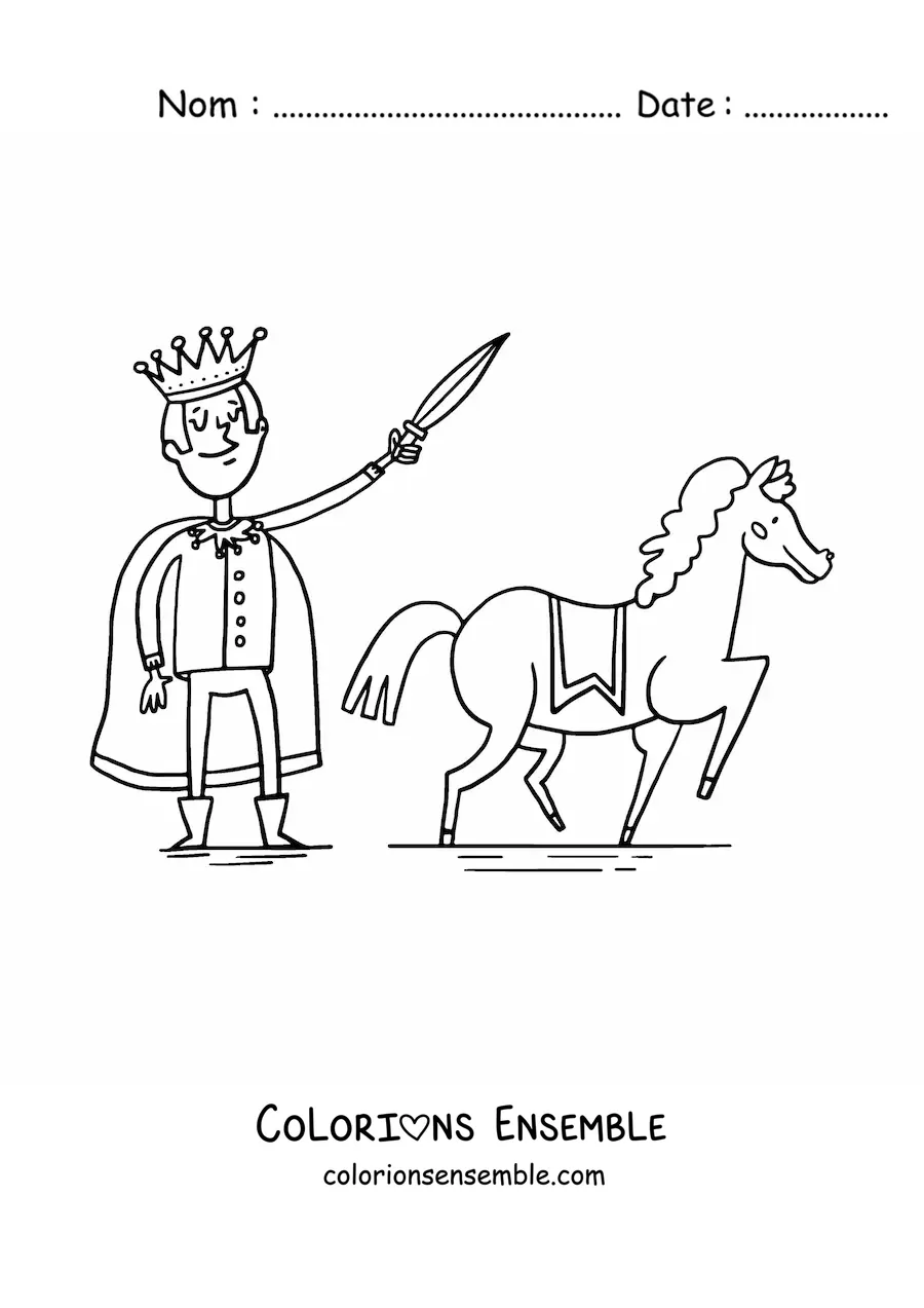 Coloriage d'un drôle de prince médiéval en dessin animé avec son destrier