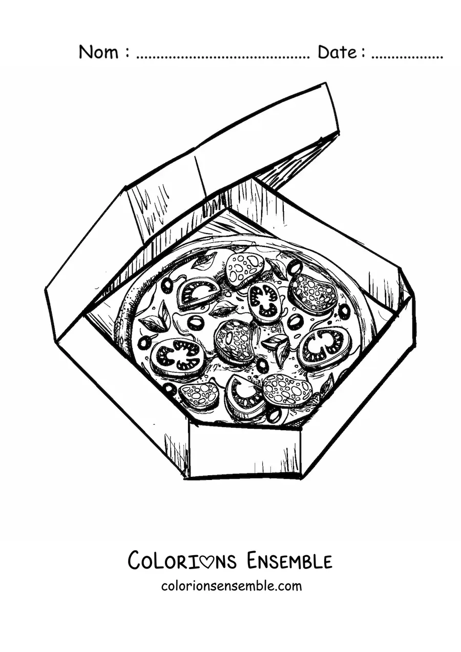 Image à colorier d'une pizza dans une boîte à pizza