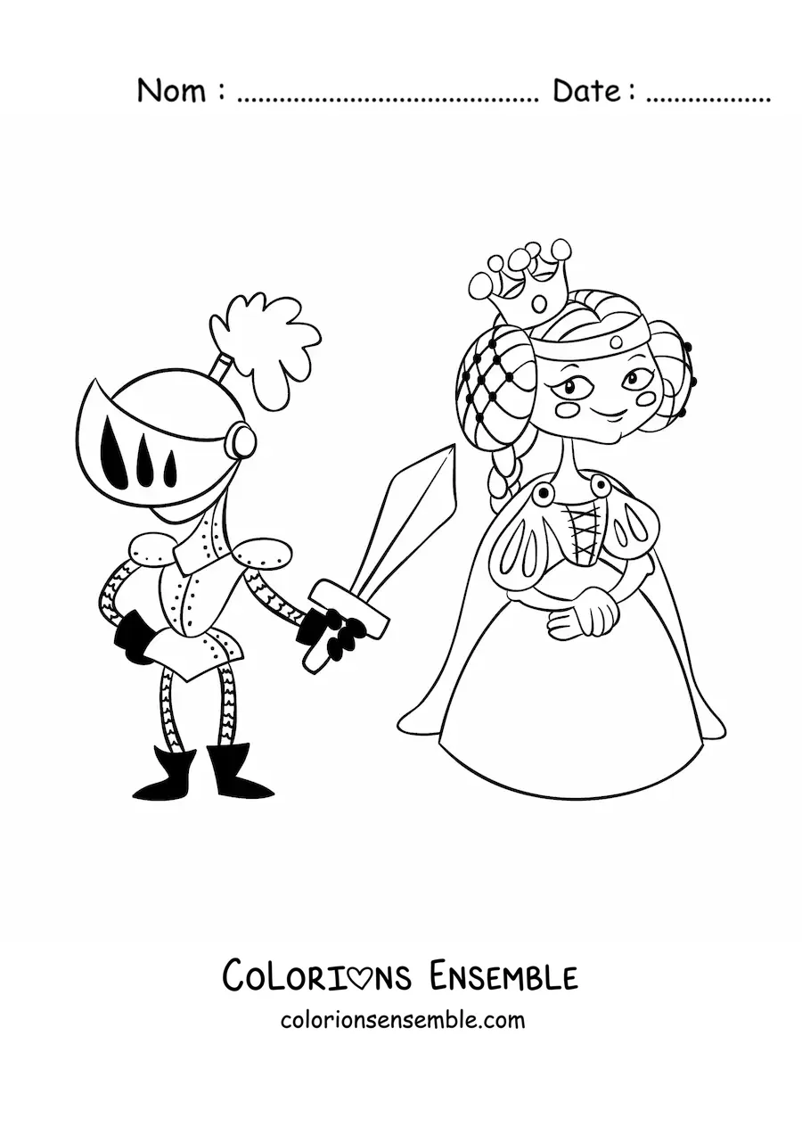 Coloriage d’un dessin animé d’un prince en armure sauvant une princesse