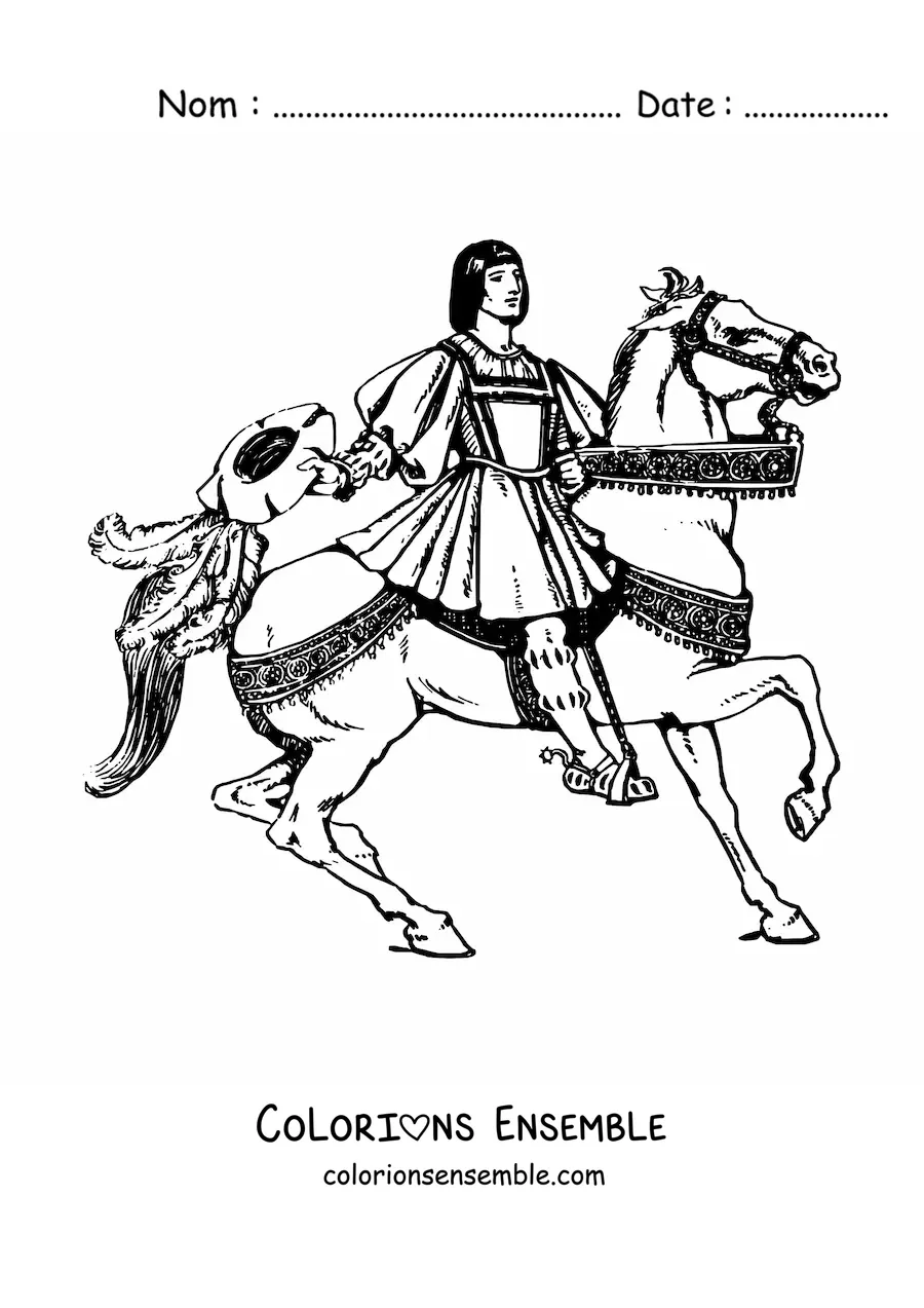 Coloriage d’un prince médiéval montant à cheval