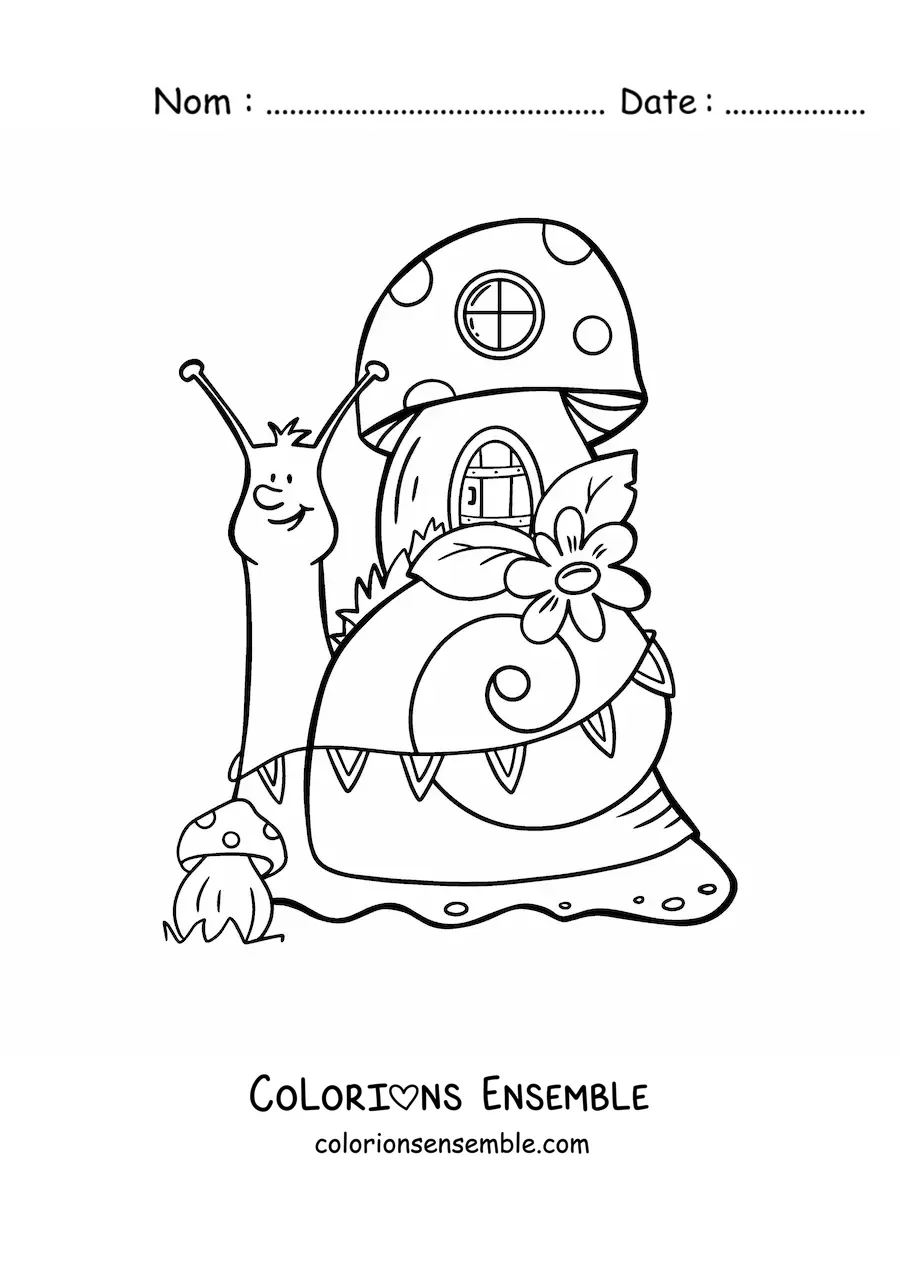 Coloriage d’un escargot animé et d’une maison de la forêt enchantée