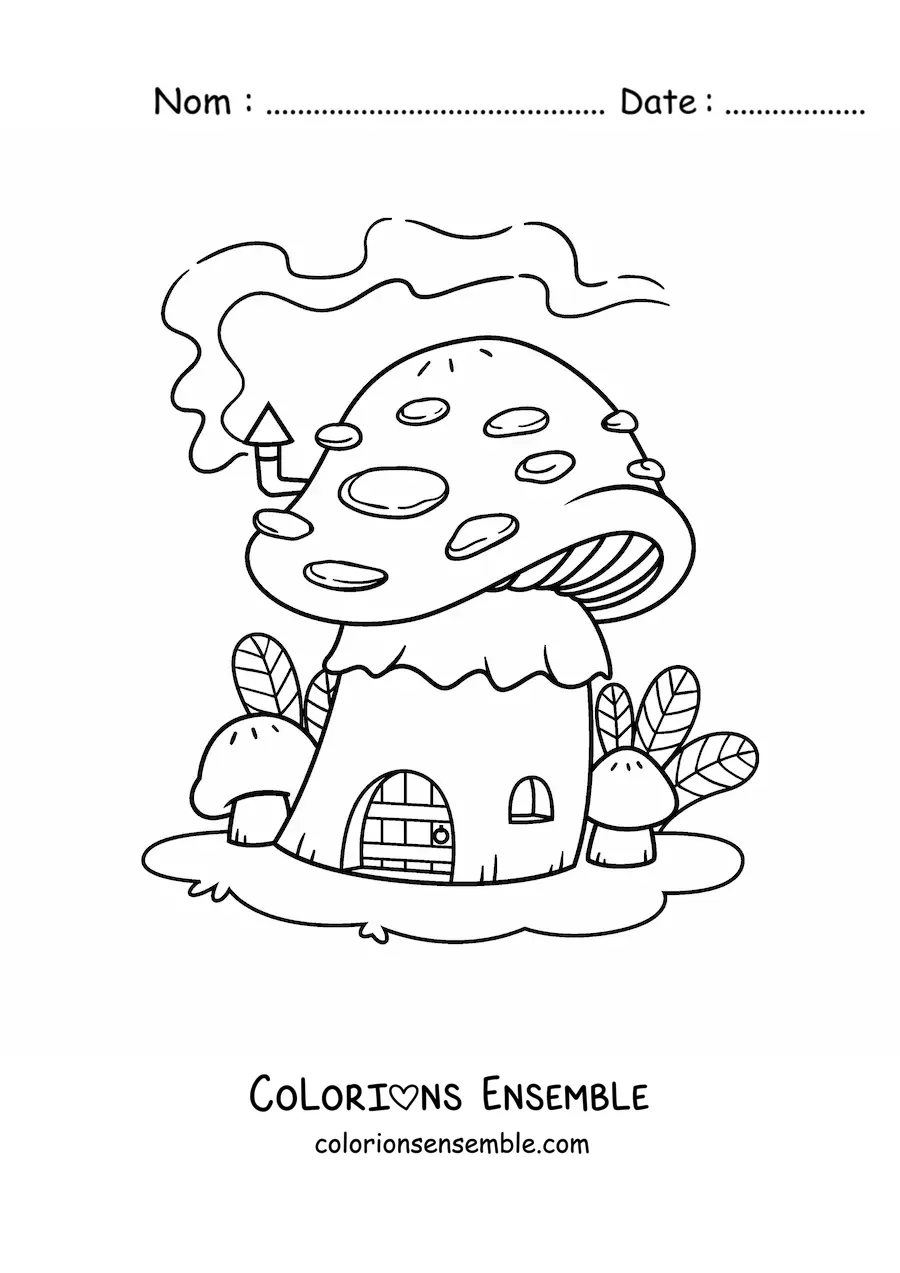 Coloriage d’une maison en forme de champignon dans la forêt enchantée