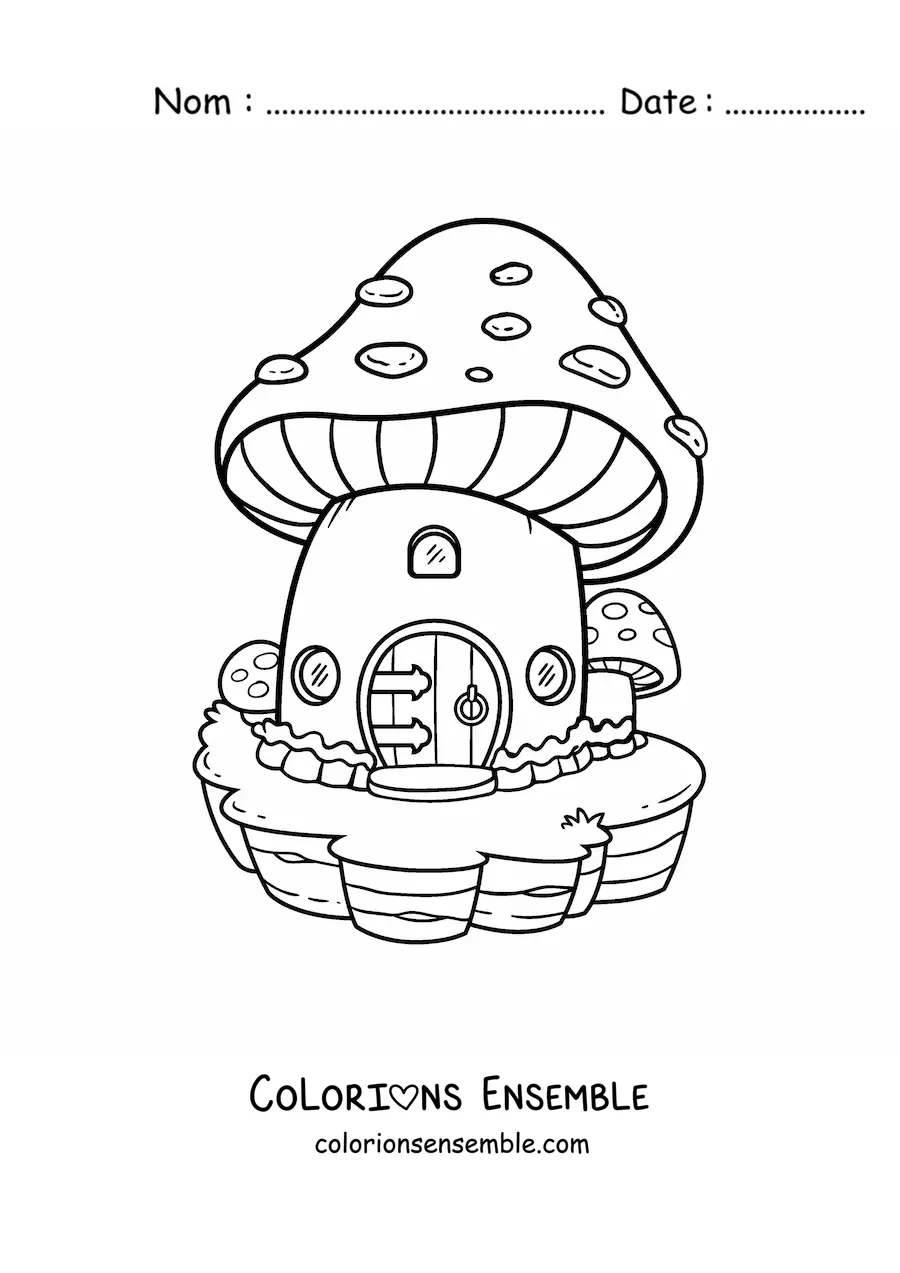 Coloriage d’une maison en forme de champignon dans la forêt enchantée