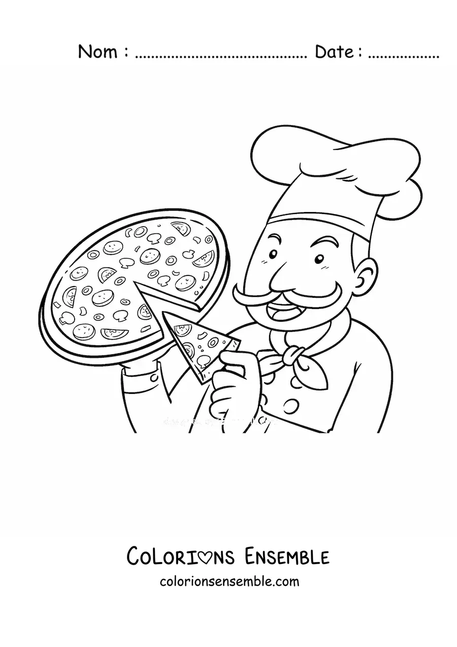 Image à colorier d'un chef avec une pizza qui en retire une part