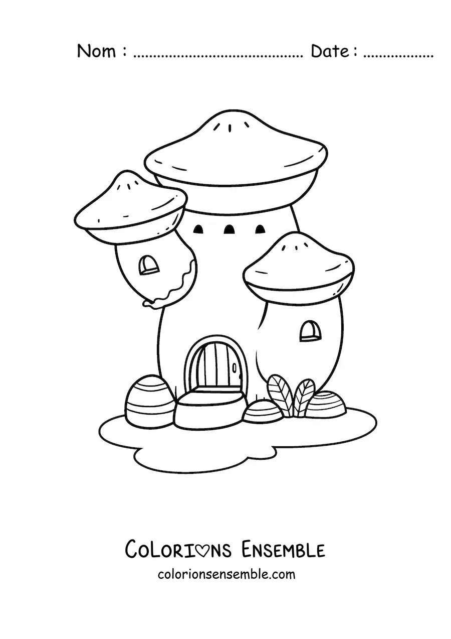 Coloriage d’une maison en forme de champignon dans la forêt enchantée