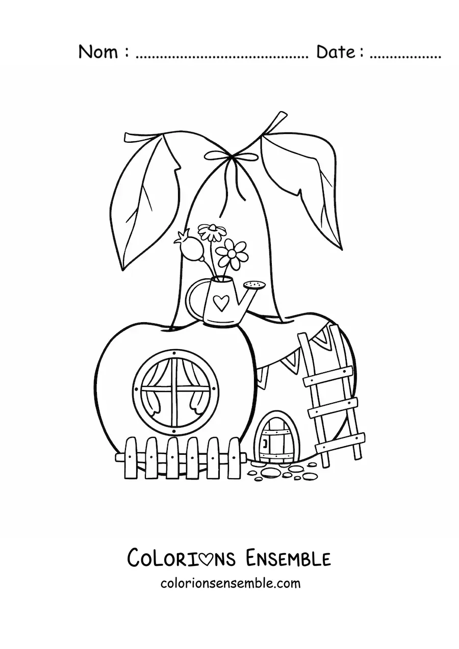 Coloriage d’une maison en forme de cerises dans la forêt enchantée