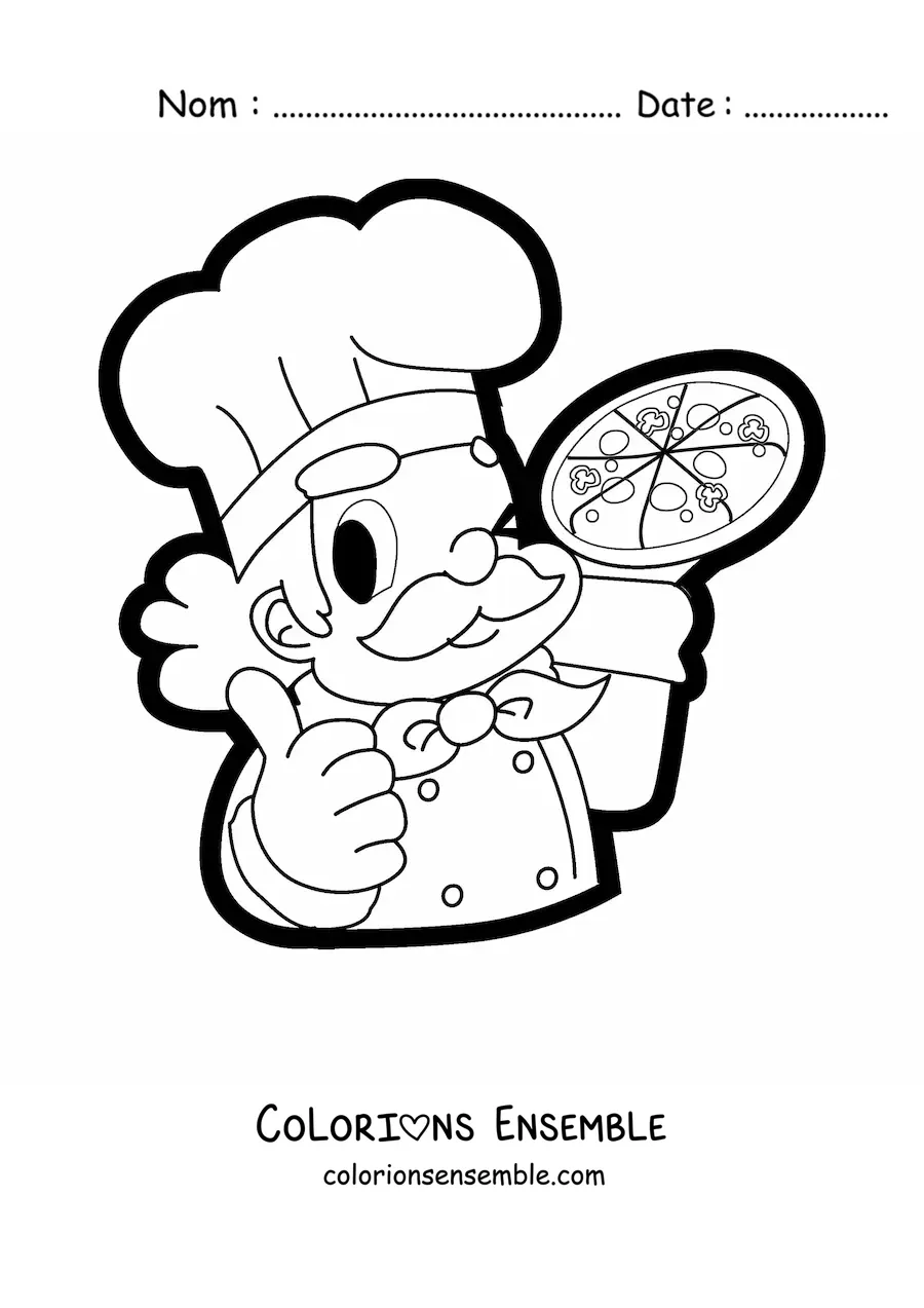 Image à colorier d'un chef avec une pizza dans une main