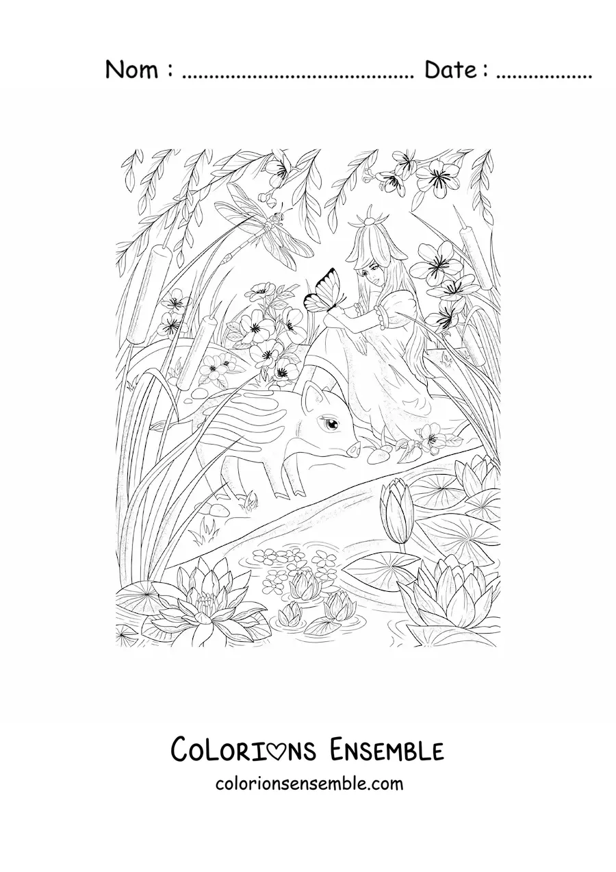 Coloriage d’une belle fée des animaux assise dans un jardin magique avec un papillon et un tapir