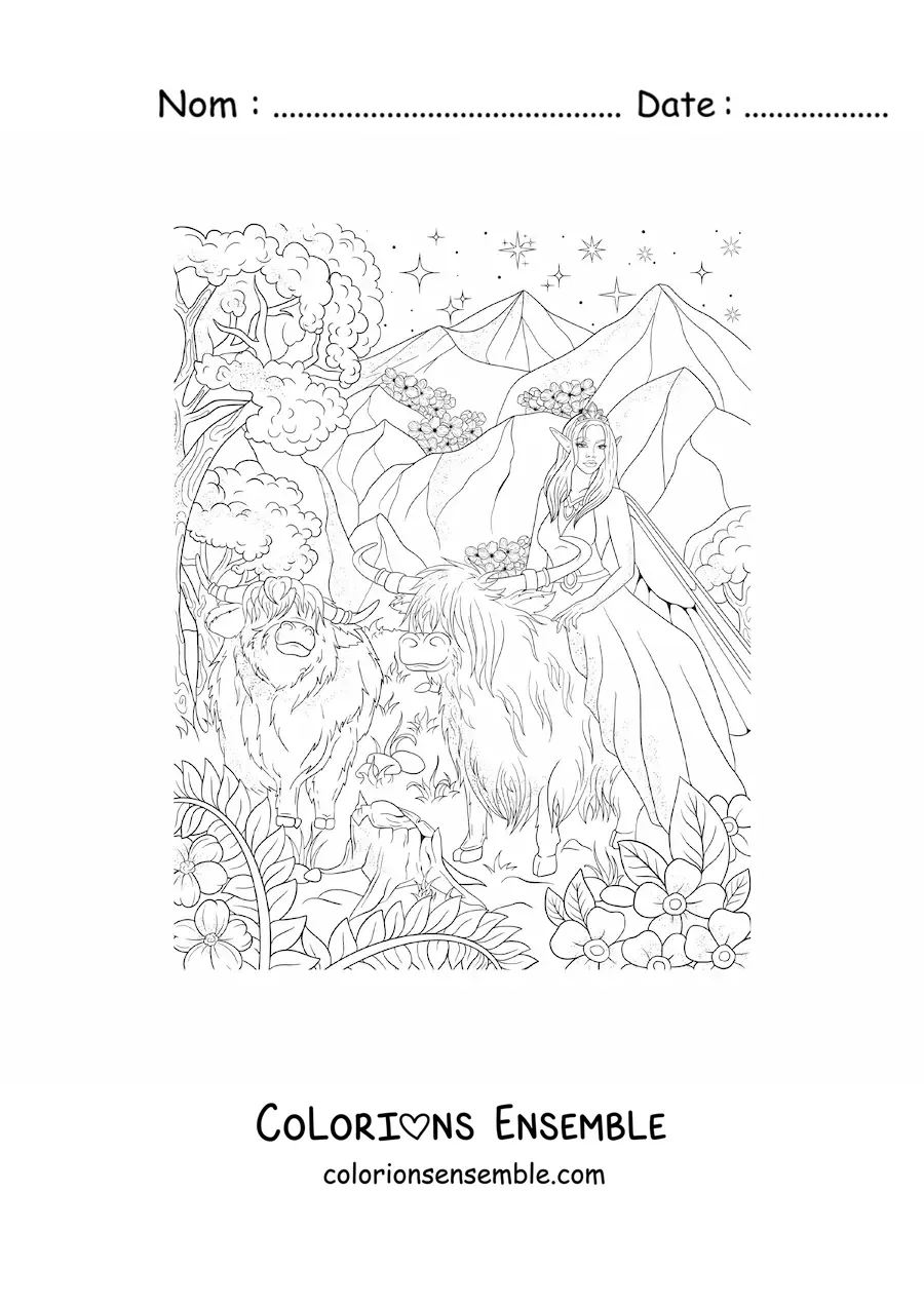 Coloriage d’une belle fée des animaux assise sur un bœuf dans la forêt enchantée