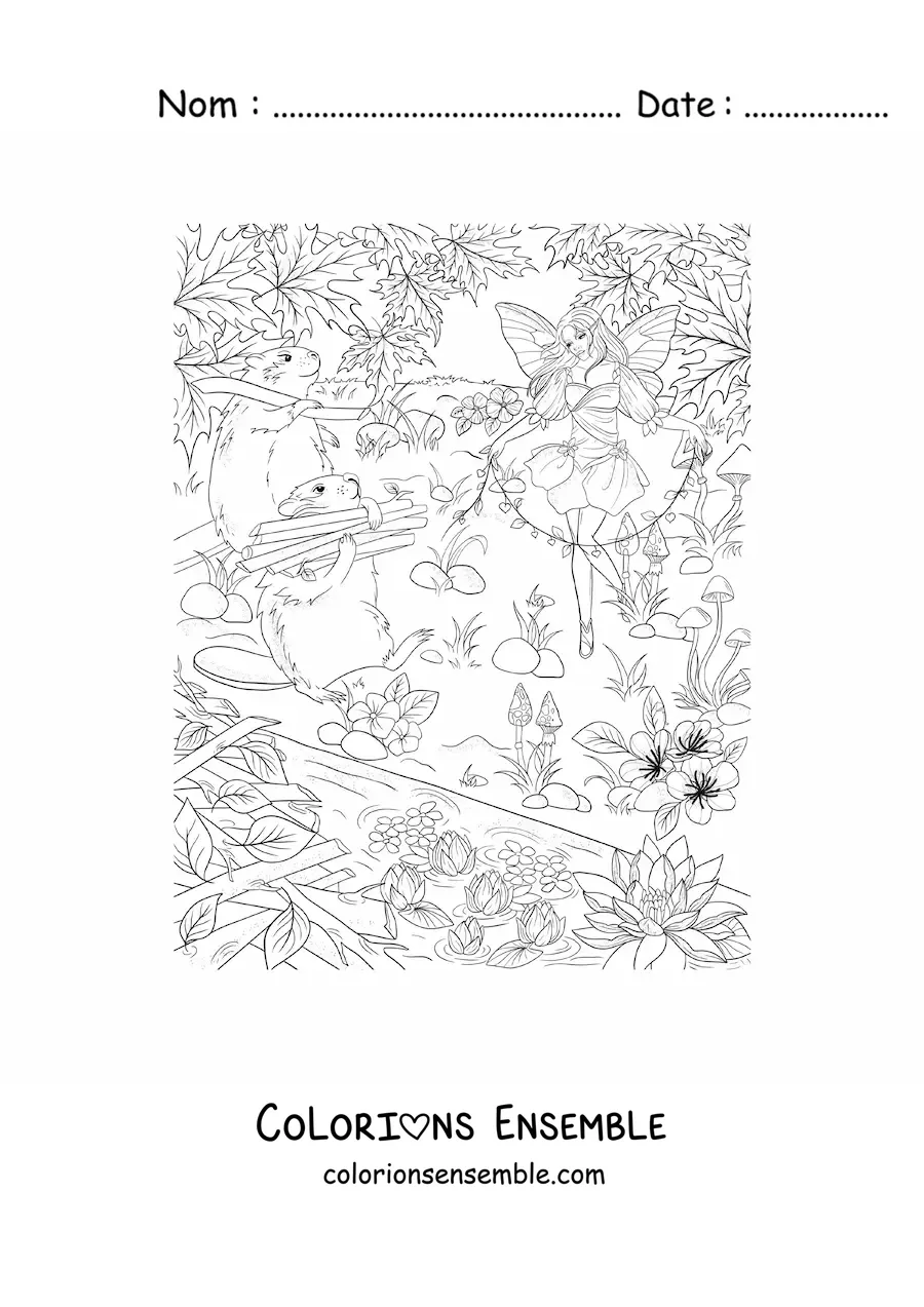 Coloriage d’une belle fée des animaux avec des castors dans la forêt enchantée