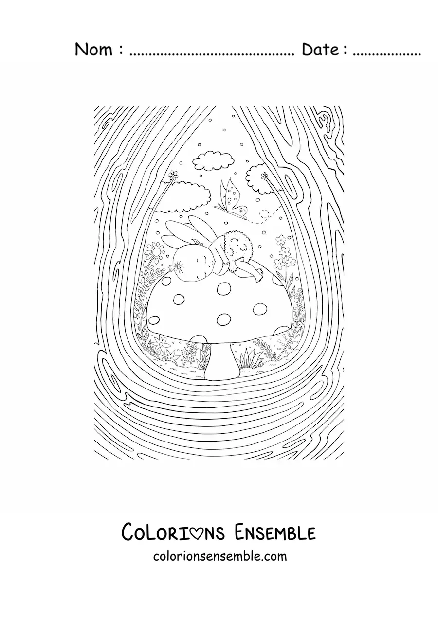 Coloriage d’un bébé fée dormant sur un champignon dans un jardin magique