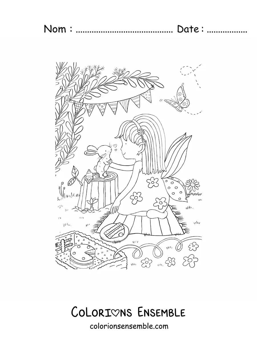 Coloriage d’une petite fille fée en pique-nique avec un lapin dans un jardin magique