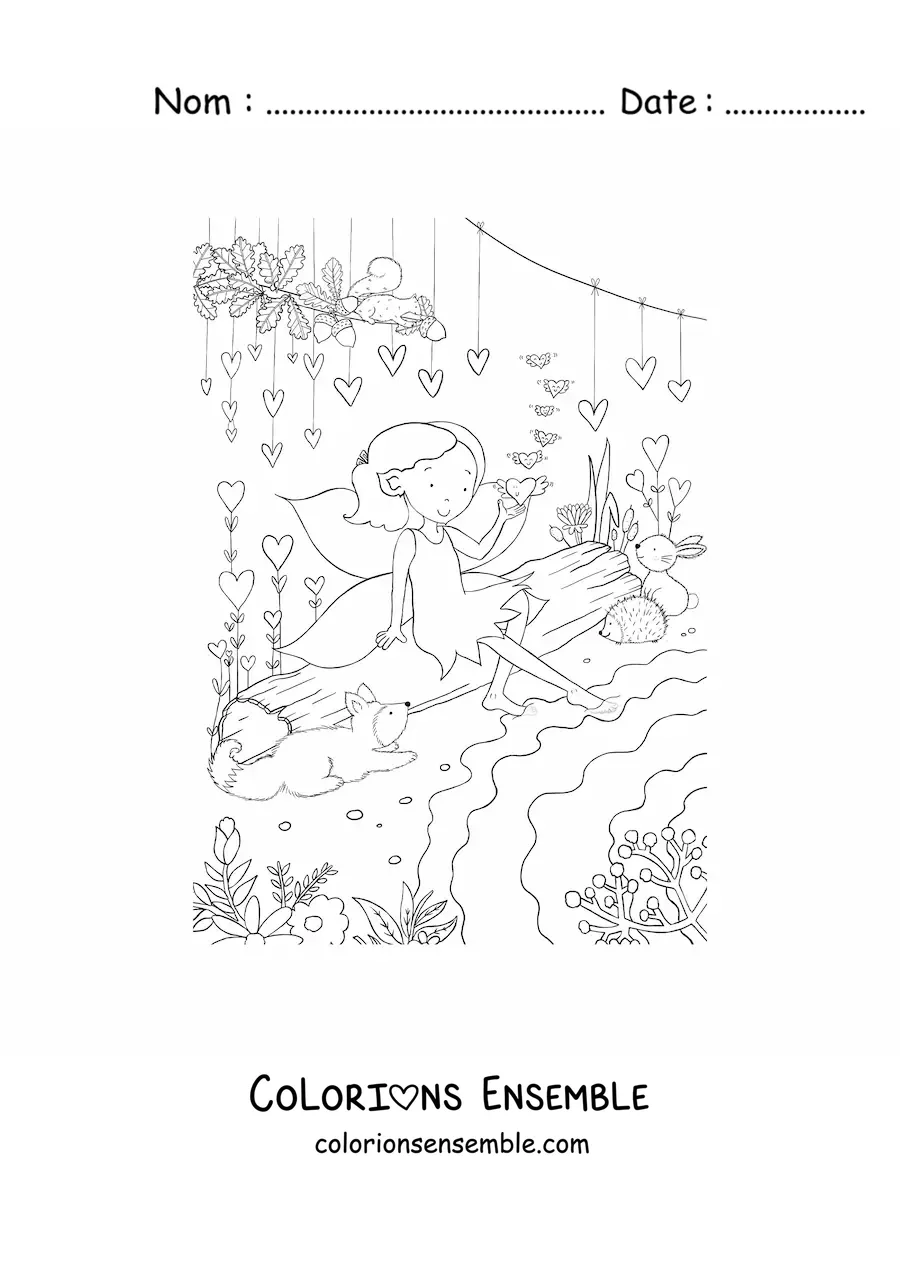Coloriage d’une petite fille fée avec des animaux dans la forêt enchantée