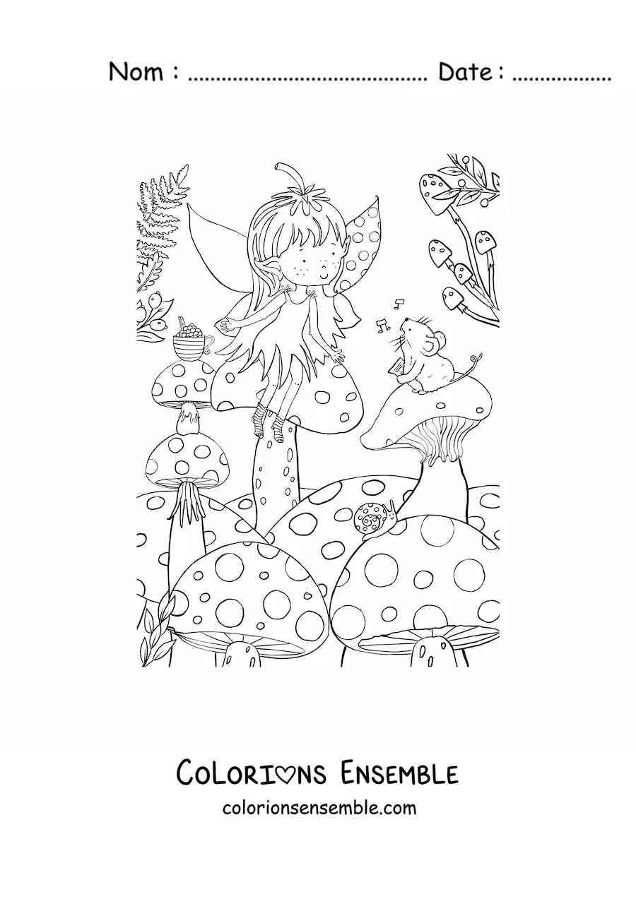 Coloriage d’une petite fille fée assise sur un champignon avec une souris dans la forêt enchantée