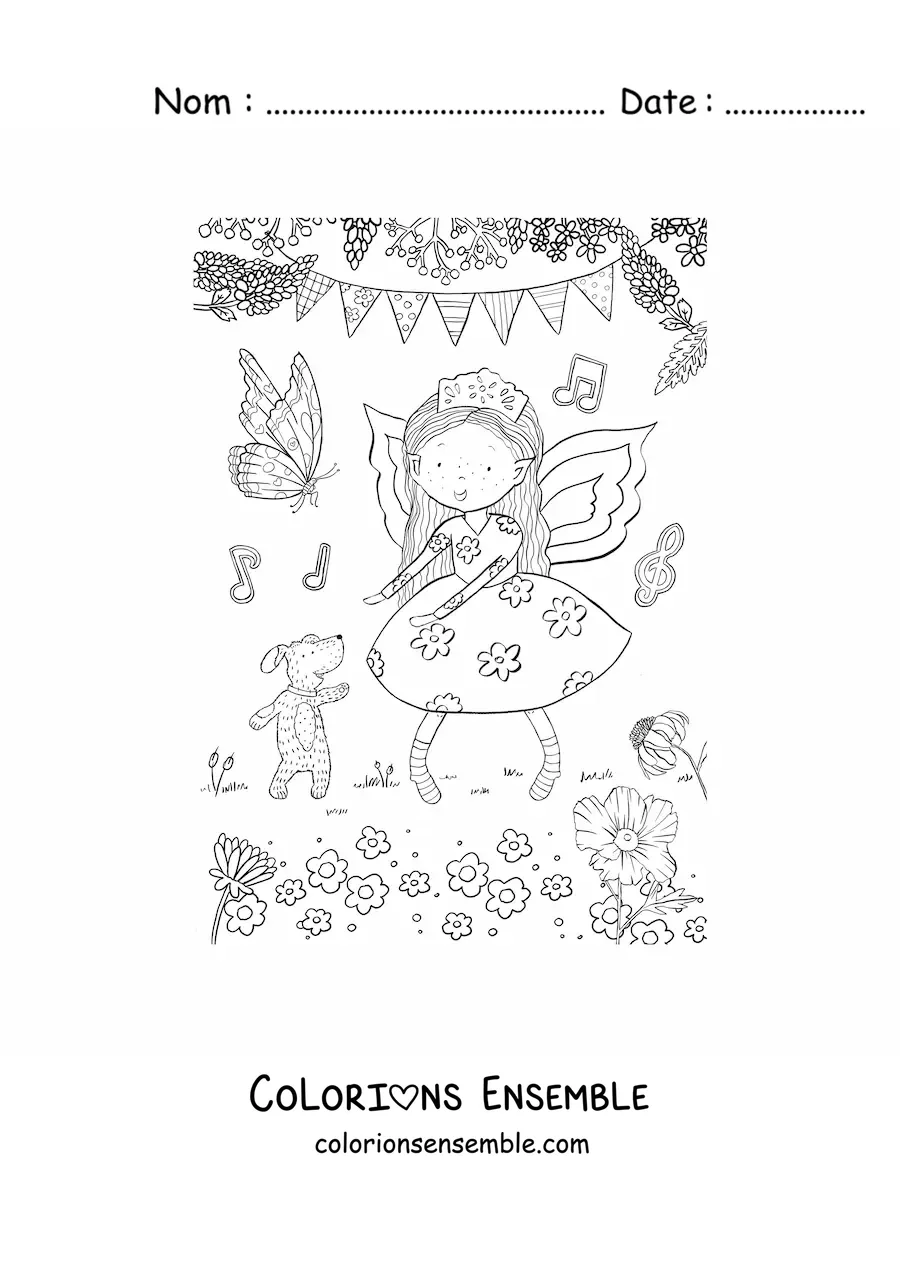Coloriage d’une petite fille fée dansant avec un chien dans un jardin magique