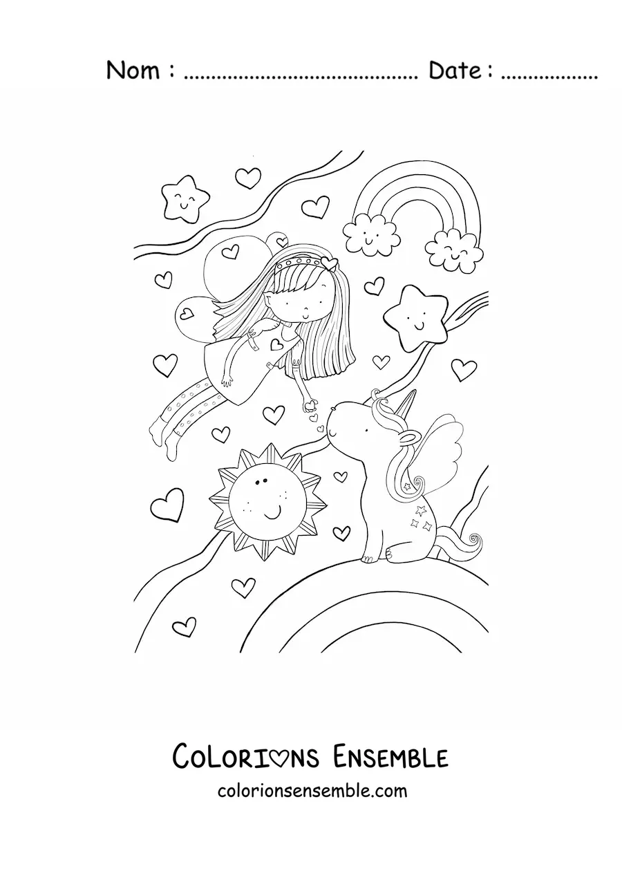 Coloriage d’une petite fille fée volant avec une licorne et un arc-en-ciel