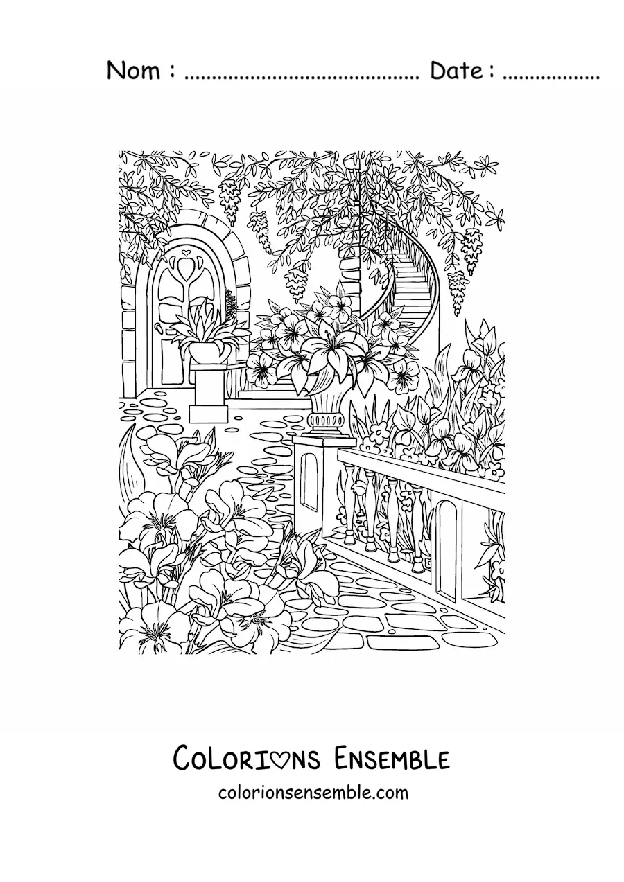 Coloriage d’un jardin secret avec des fleurs et des escaliers
