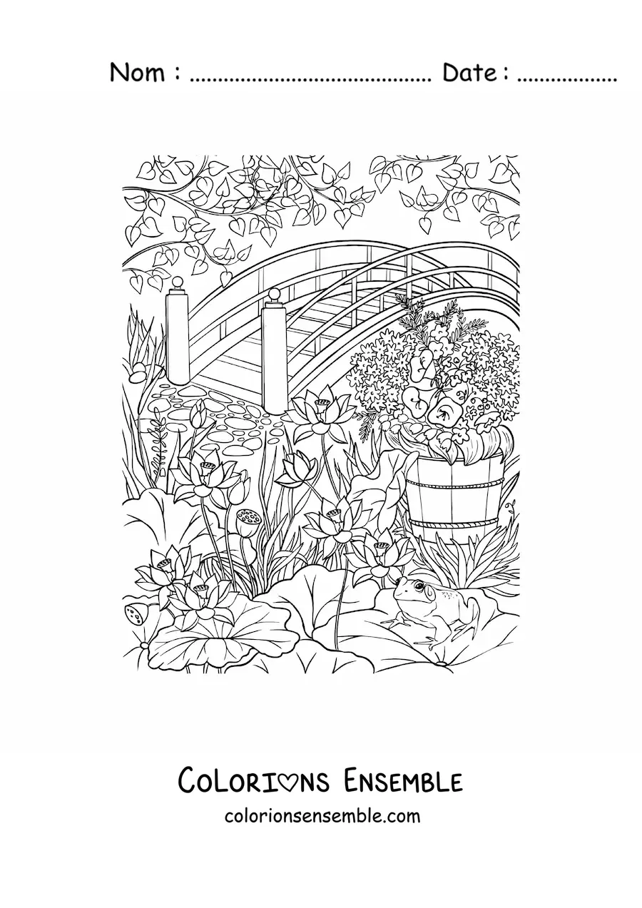Coloriage d’un jardin secret avec des fleurs et un pont