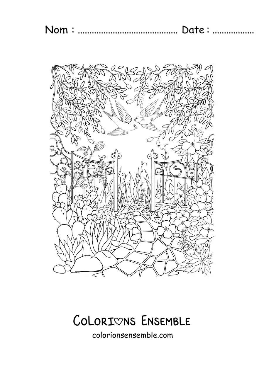 Coloriage d’un jardin secret avec des fleurs et des oiseaux