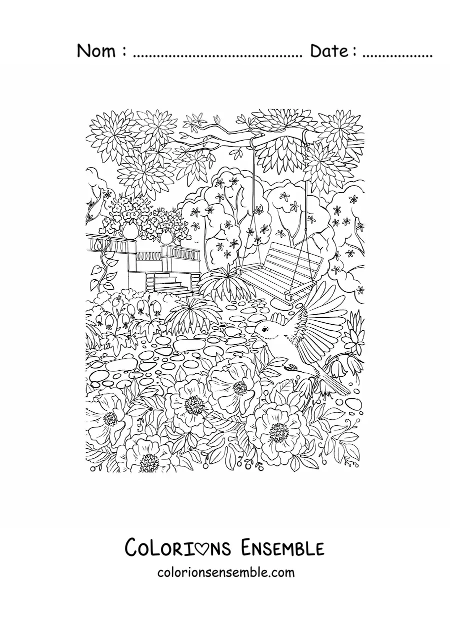 Coloriage d’un jardin secret avec une balançoire entourée de fleurs et d’oiseaux