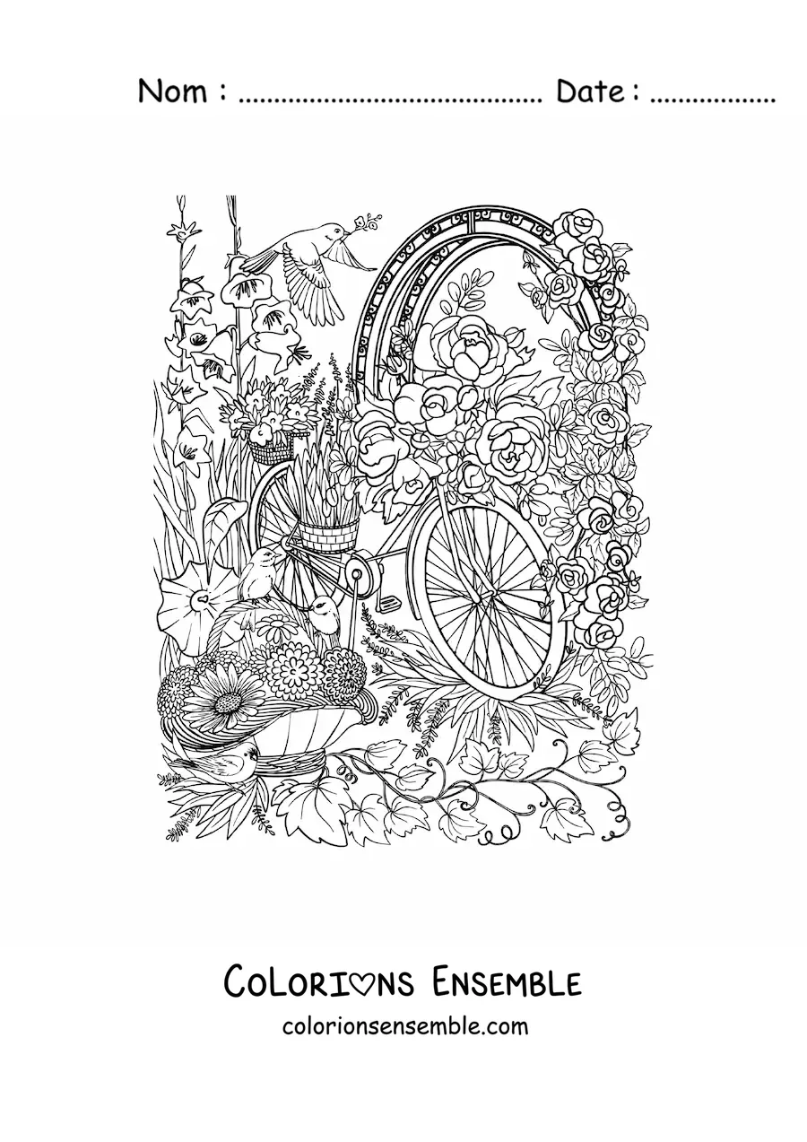 Image à colorier d'une bicyclette dans un jardin secret avec des fleurs et des oiseaux