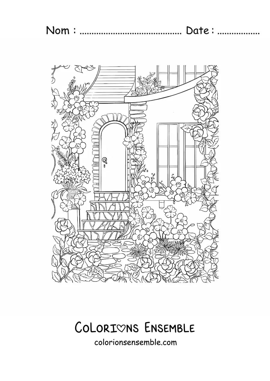 Image à colorier d'une maison avec un jardin secret rempli de fleurs