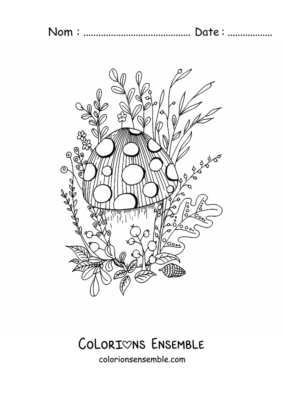 Image à colorier d'un champignon entouré de fleurs et de plantes