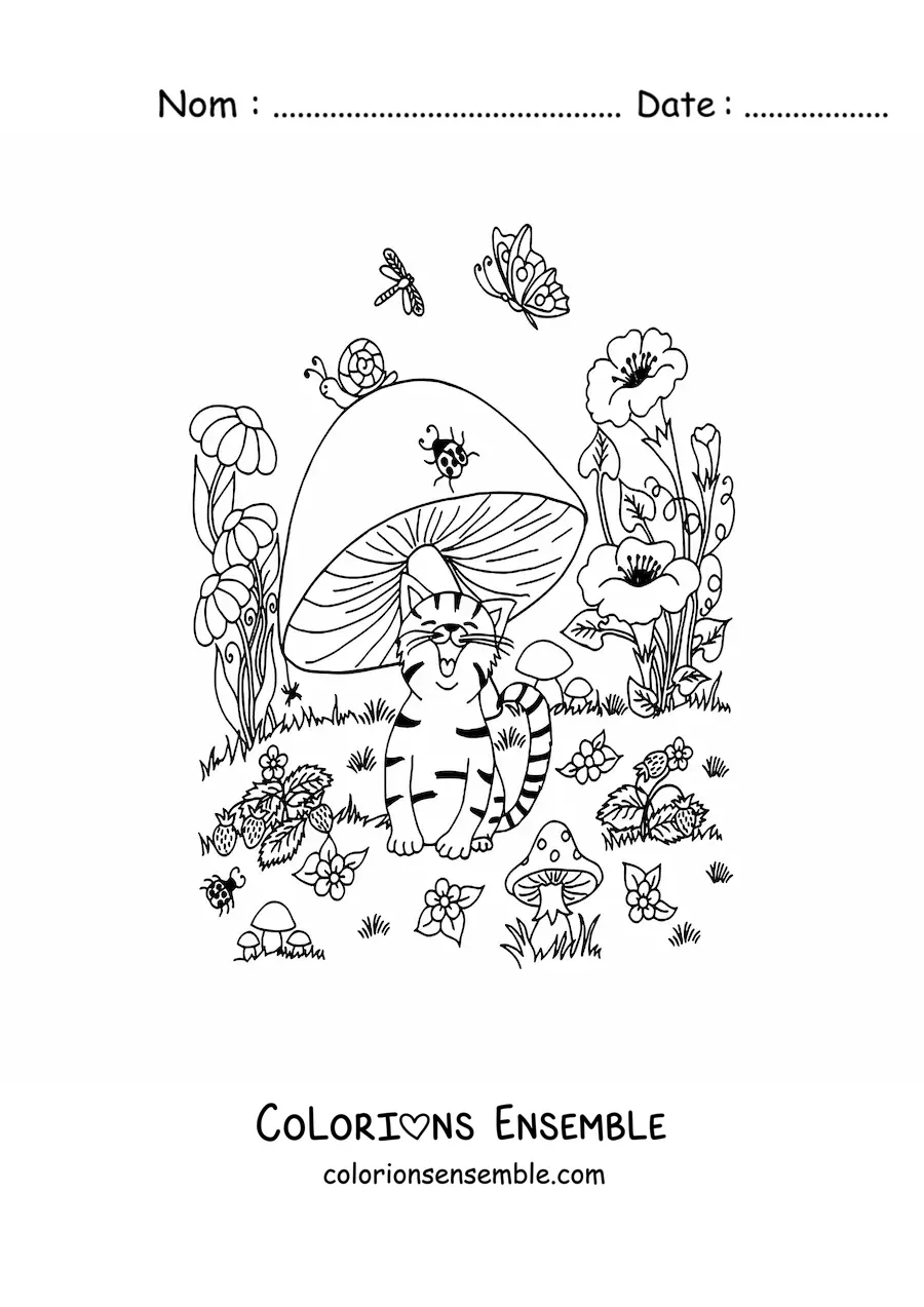 Image à colorier d'un chat rigolo avec un champignon et un papillon dans un jardin magique