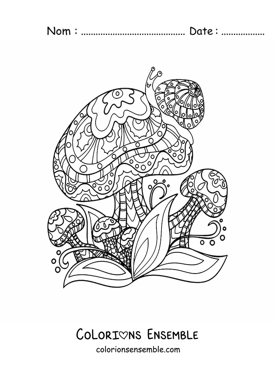 Image à colorier de champignons avec un escargot dans le style Zentangle