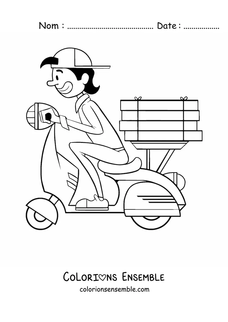 Image à colorier d'un livreur de pizza sur une moto