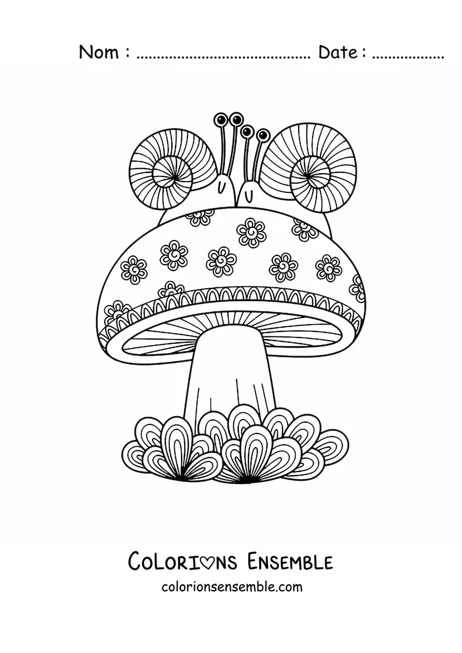 Image à colorier d'un champignon avec des escargots dans le style Zentangle