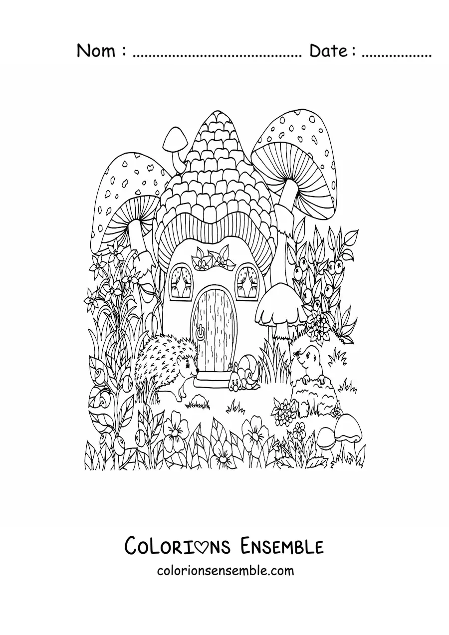 Image à colorier d'un porc-épic et d'animaux de la forêt magique dans une maison en forme de champignon