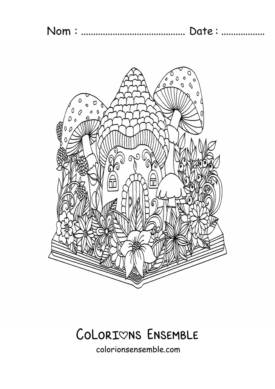 Image à colorier d'un livre ouvert sur un jardin magique