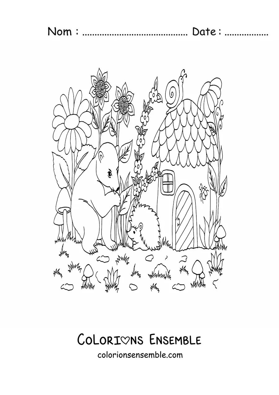 Image à colorier d'un ours et d'animaux de la forêt magique dans une maison en forme de champignon