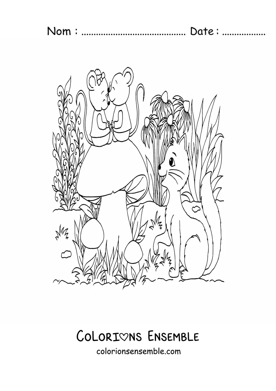 Image à colorier d'un chat et de souris dans un jardin magique